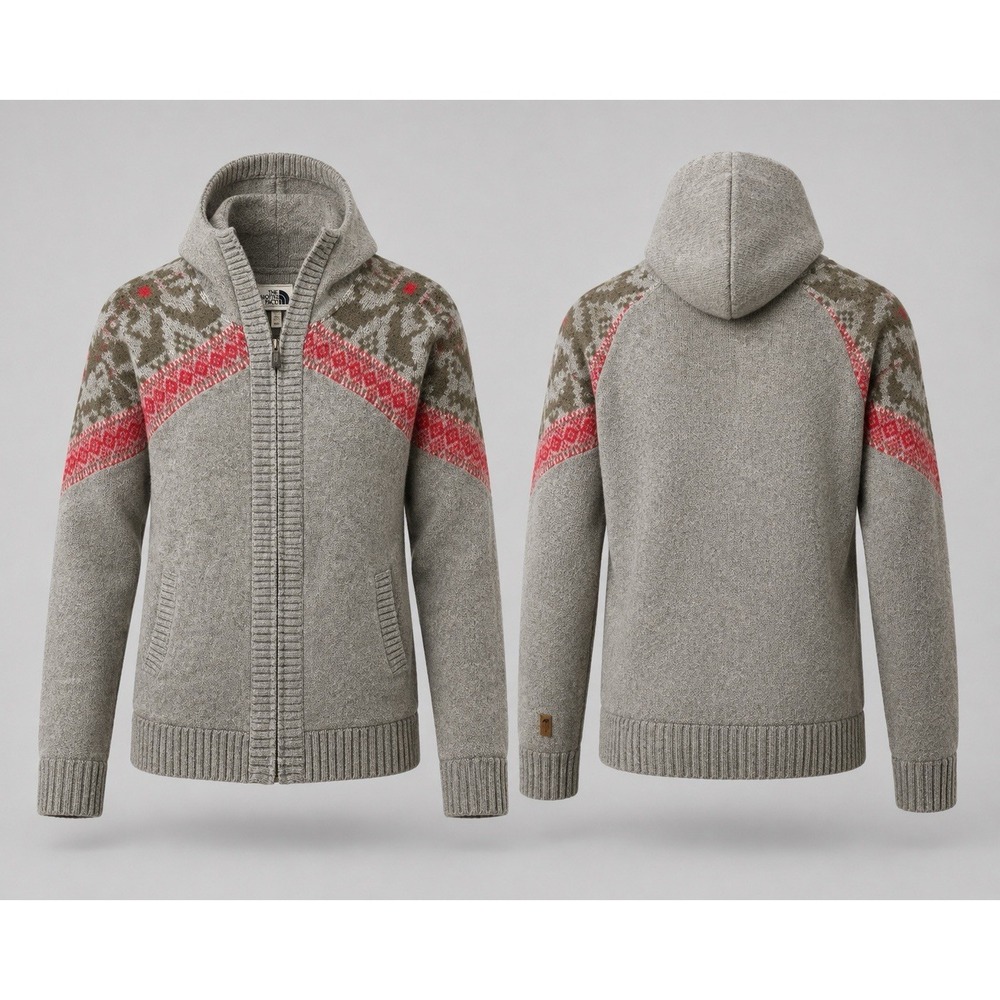 The North Face Womens medium Gray Wool Blend Fair Isle Full Zip Hooded Sweater